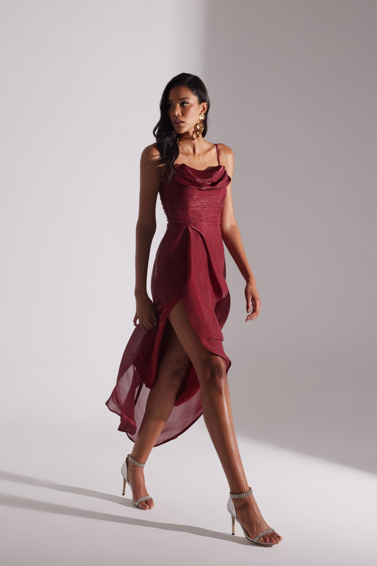 EVA RED DRAPED SLEEVELESS EVENING DRESS