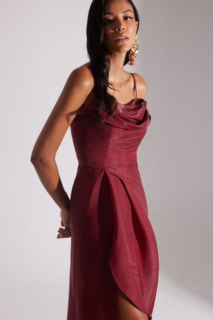 EVA RED DRAPED SLEEVELESS EVENING DRESS
