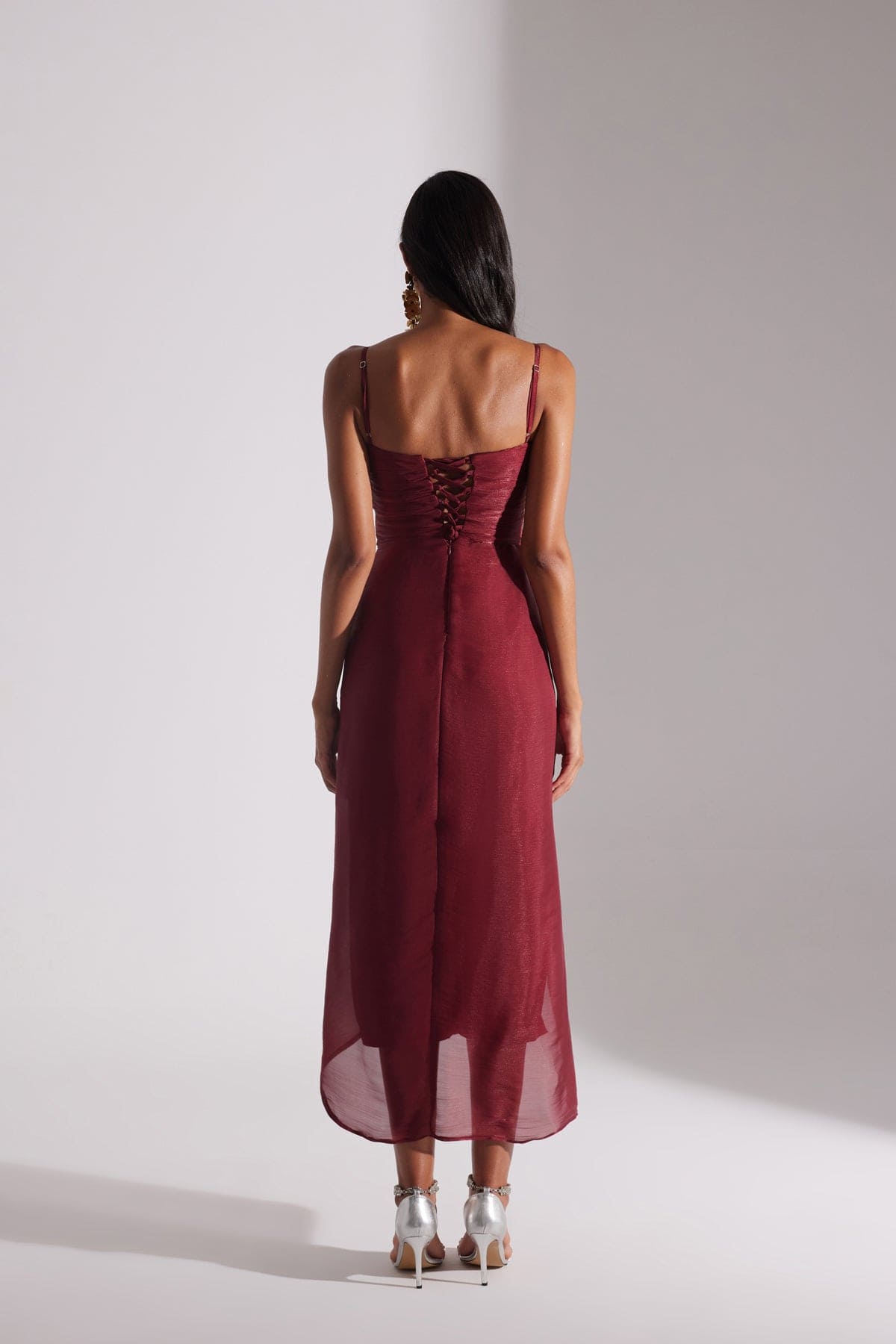 EVA RED DRAPED SLEEVELESS EVENING DRESS