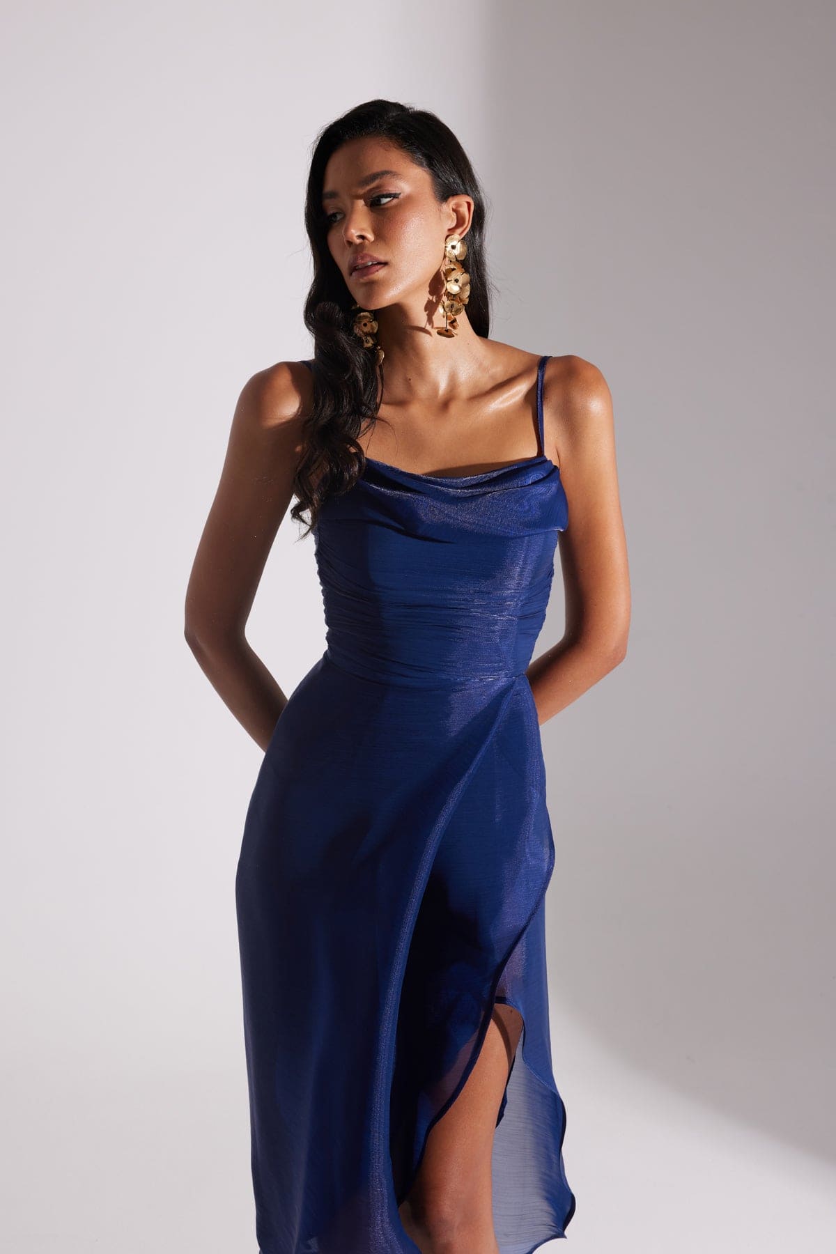 EVA DARK BLUE DRAPED STRAP NIGHT DRESS