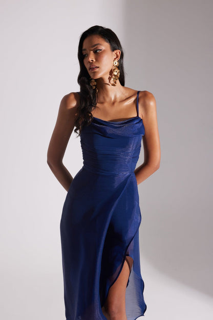 EVA DARK BLUE DRAPED STRAP NIGHT DRESS