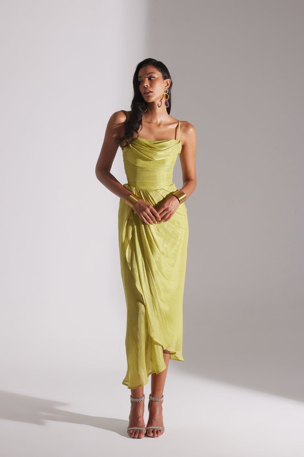 EVA PISTACHIO GREEN DRAPED STRAP NIGHT DRESS