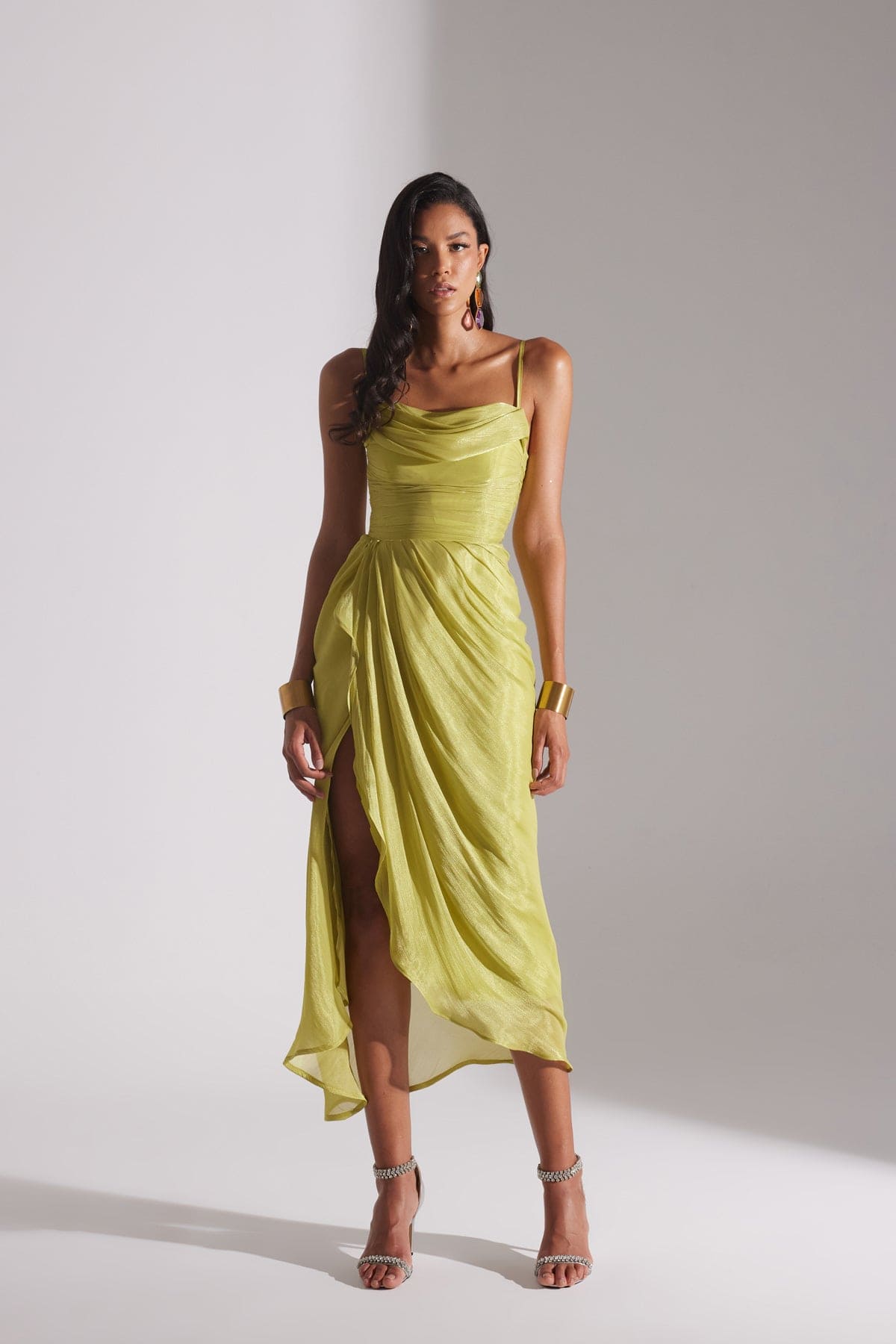 EVA PISTACHIO GREEN DRAPED STRAP NIGHT DRESS