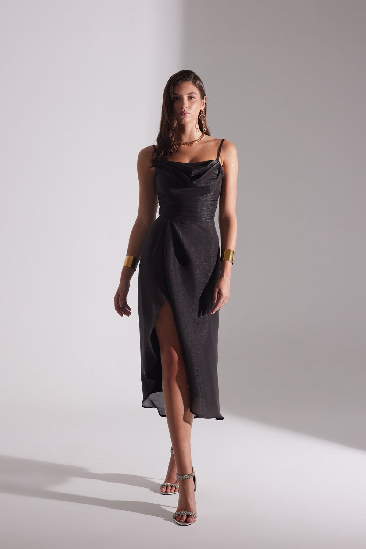 EVA BLACK DRAPED STRAP NIGHT DRESS