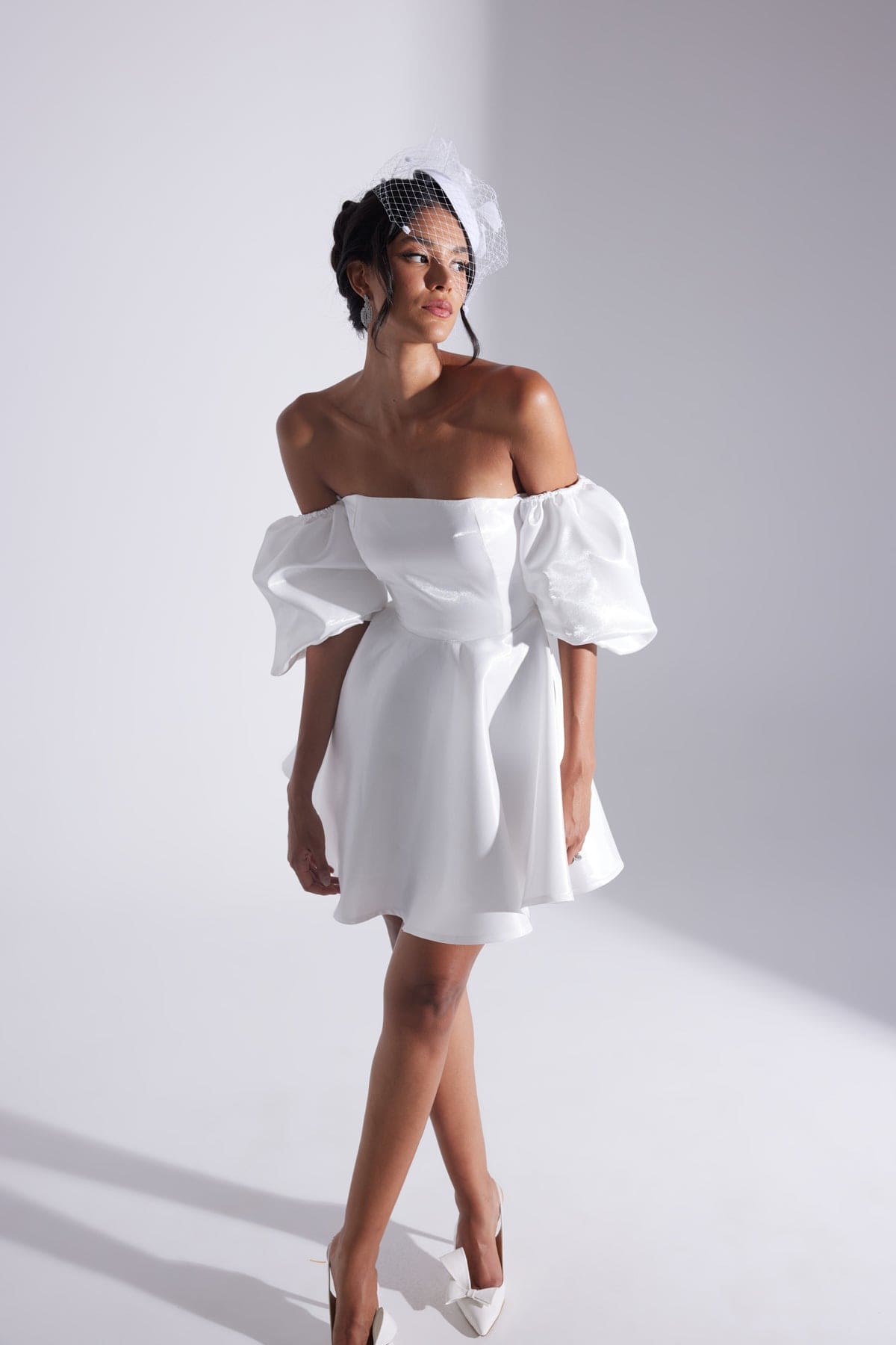 TIANA WHITE Balloon Low Sleeve Ruffled Mini After Party Dress