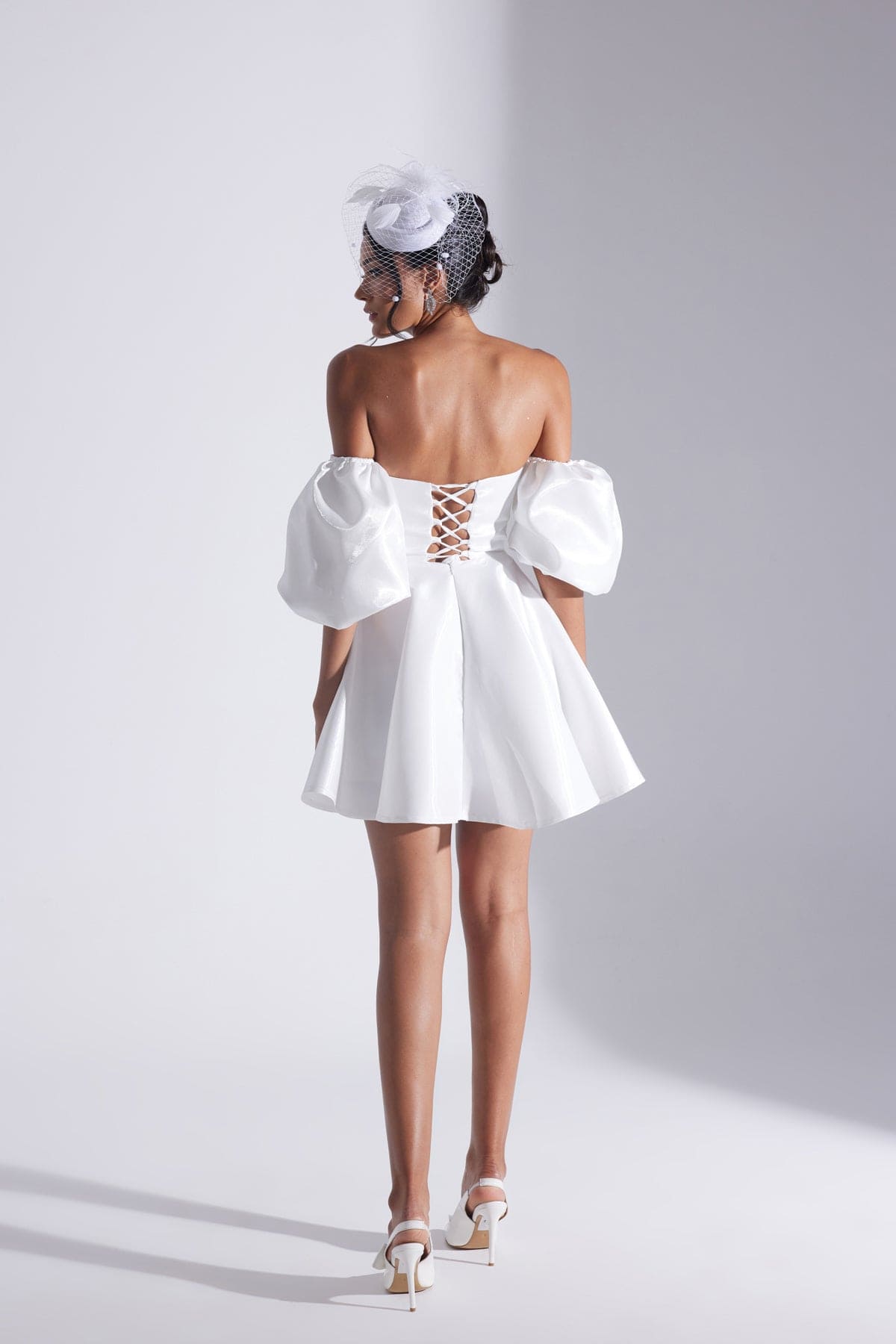 TIANA WHITE Balloon Low Sleeve Ruffled Mini After Party Dress