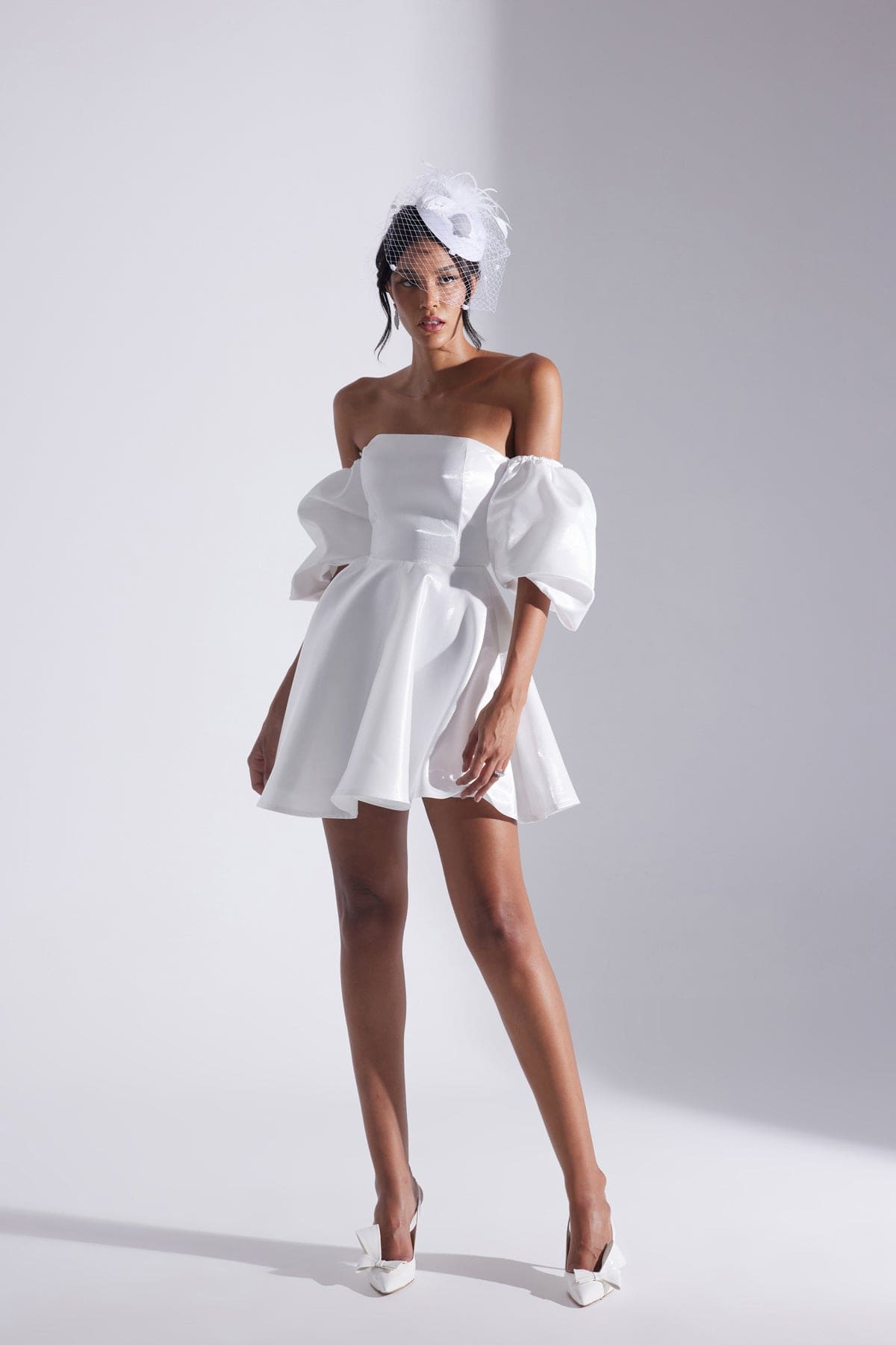TIANA WHITE Balloon Low Sleeve Ruffled Mini After Party Dress