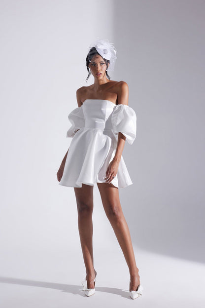 TIANA WHITE Balloon Low Sleeve Ruffled Mini After Party Dress