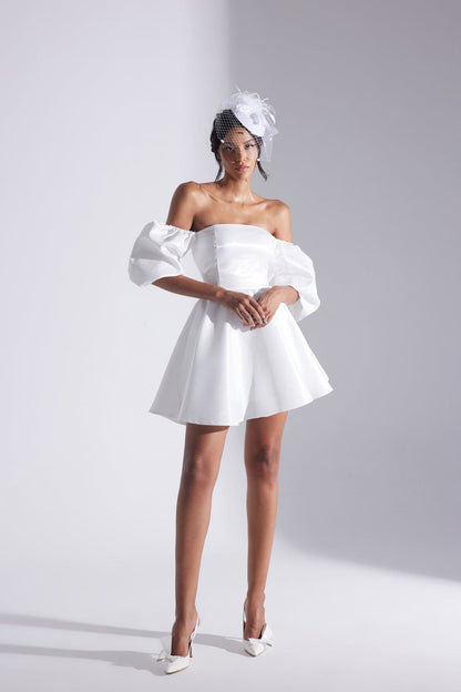 TIANA WHITE Balloon Low Sleeve Ruffled Mini After Party Dress