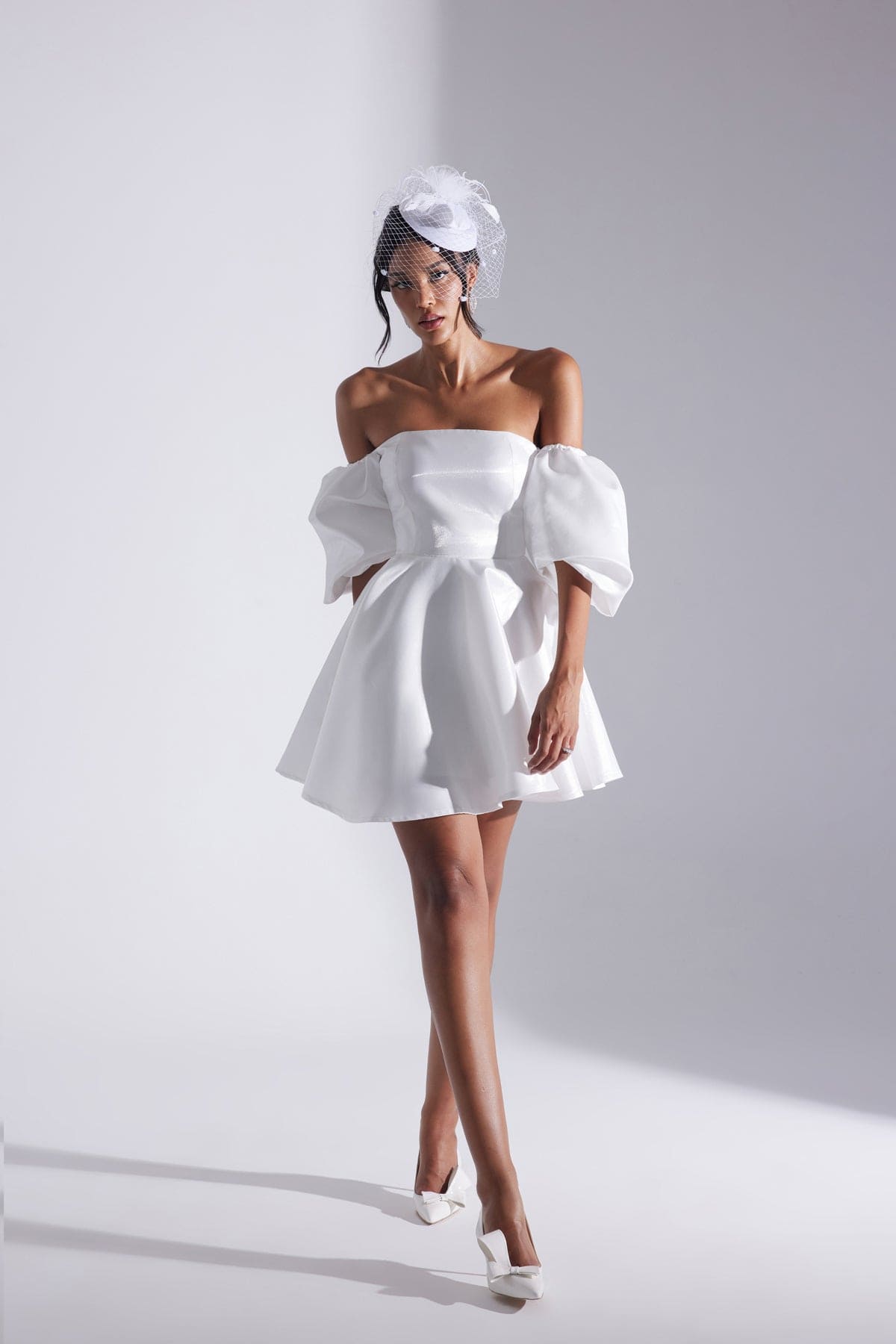 TIANA WHITE Balloon Low Sleeve Ruffled Mini After Party Dress