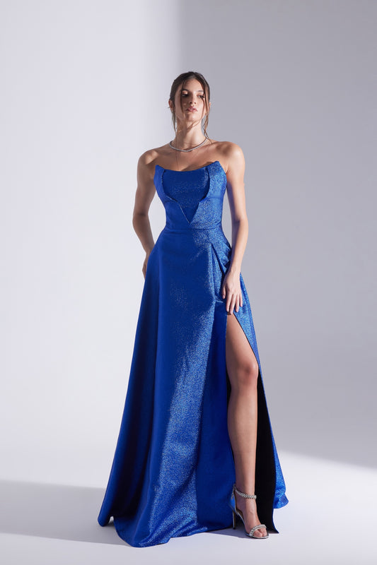 ALEX Saks Blue Split Strapless Evening Dress