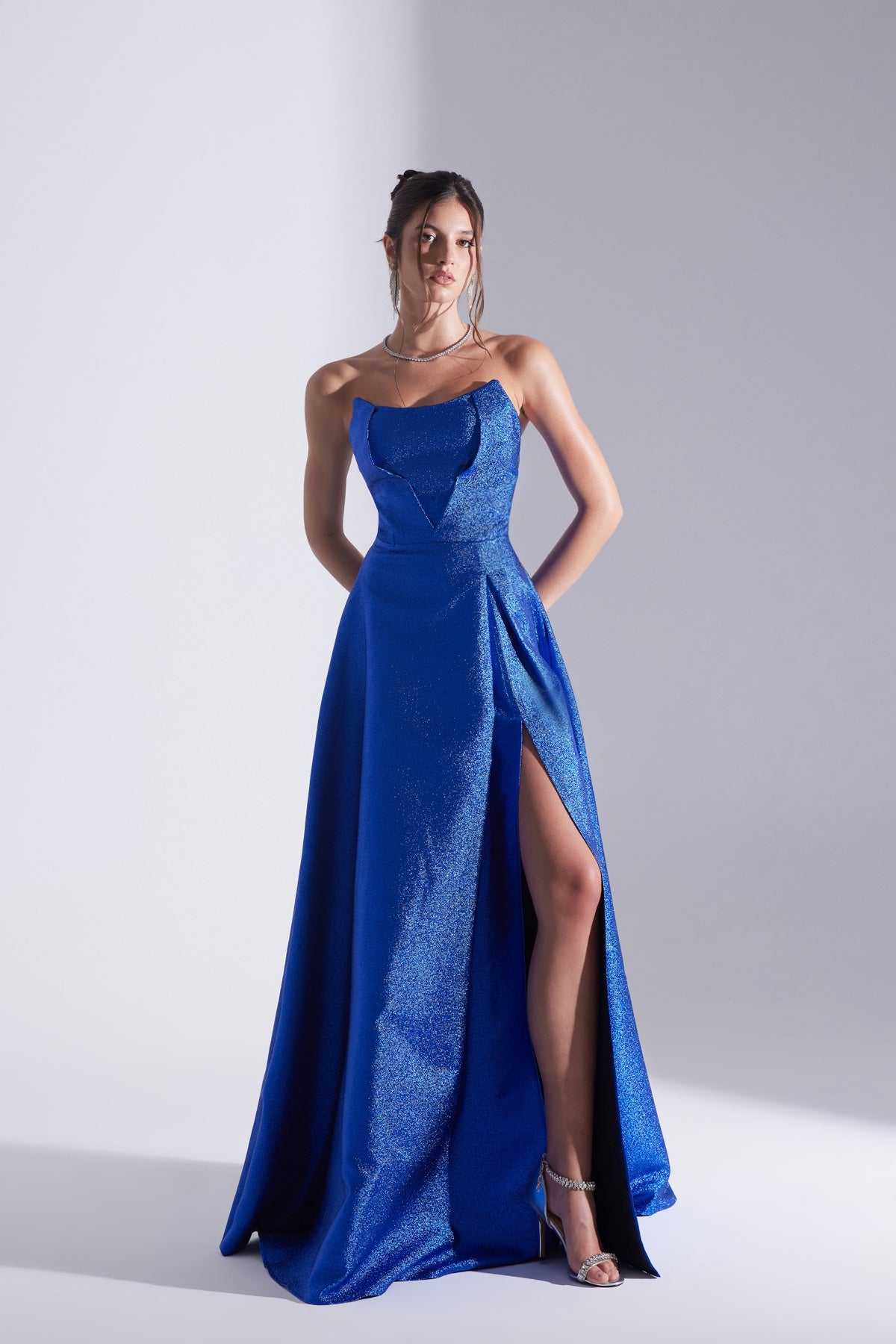 ALEX Saks Blue Split Strapless Evening Dress
