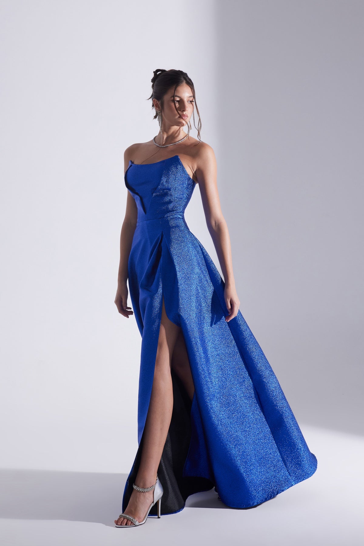 ALEX Saks Blue Split Strapless Evening Dress
