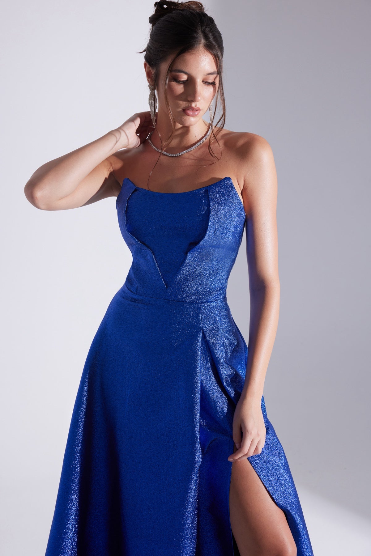 ALEX Saks Blue Split Strapless Evening Dress