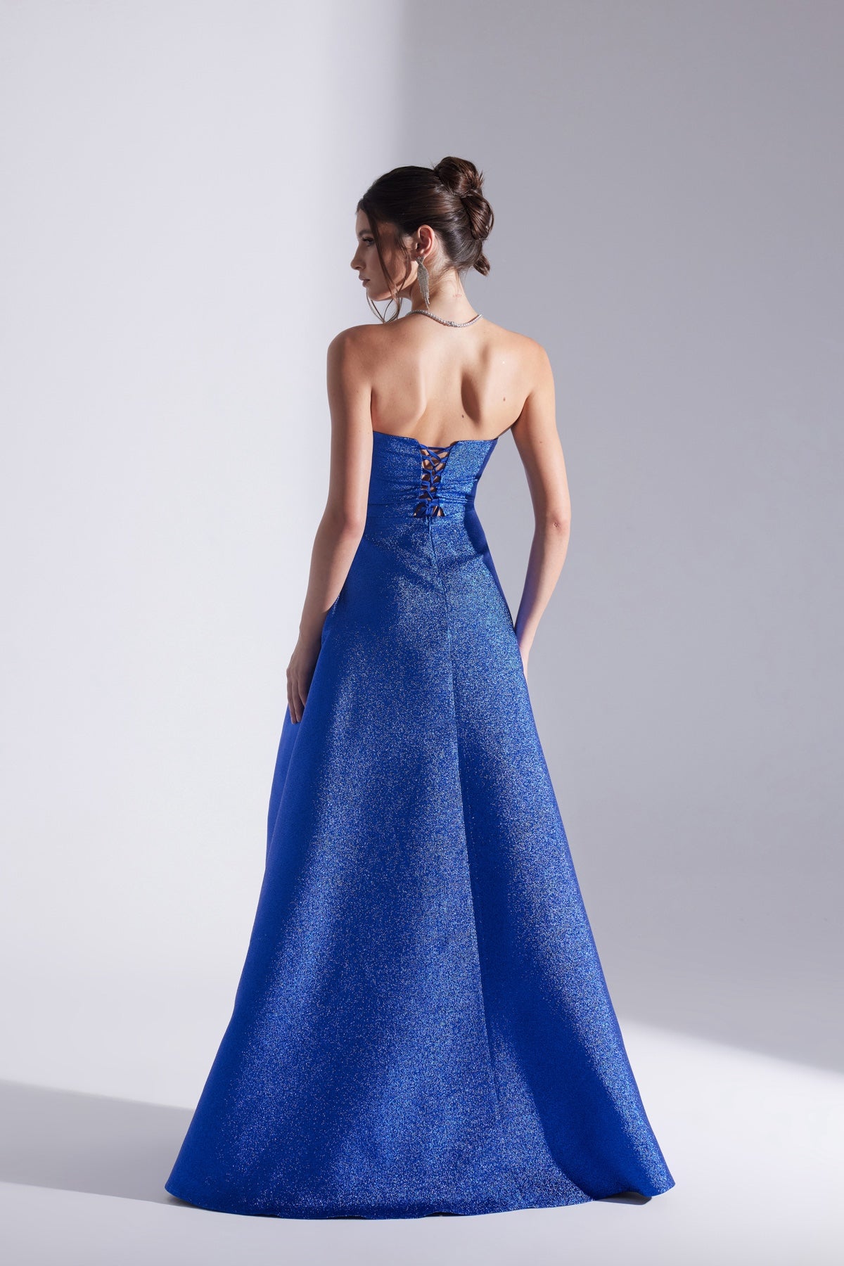 ALEX Saks Blue Split Strapless Evening Dress