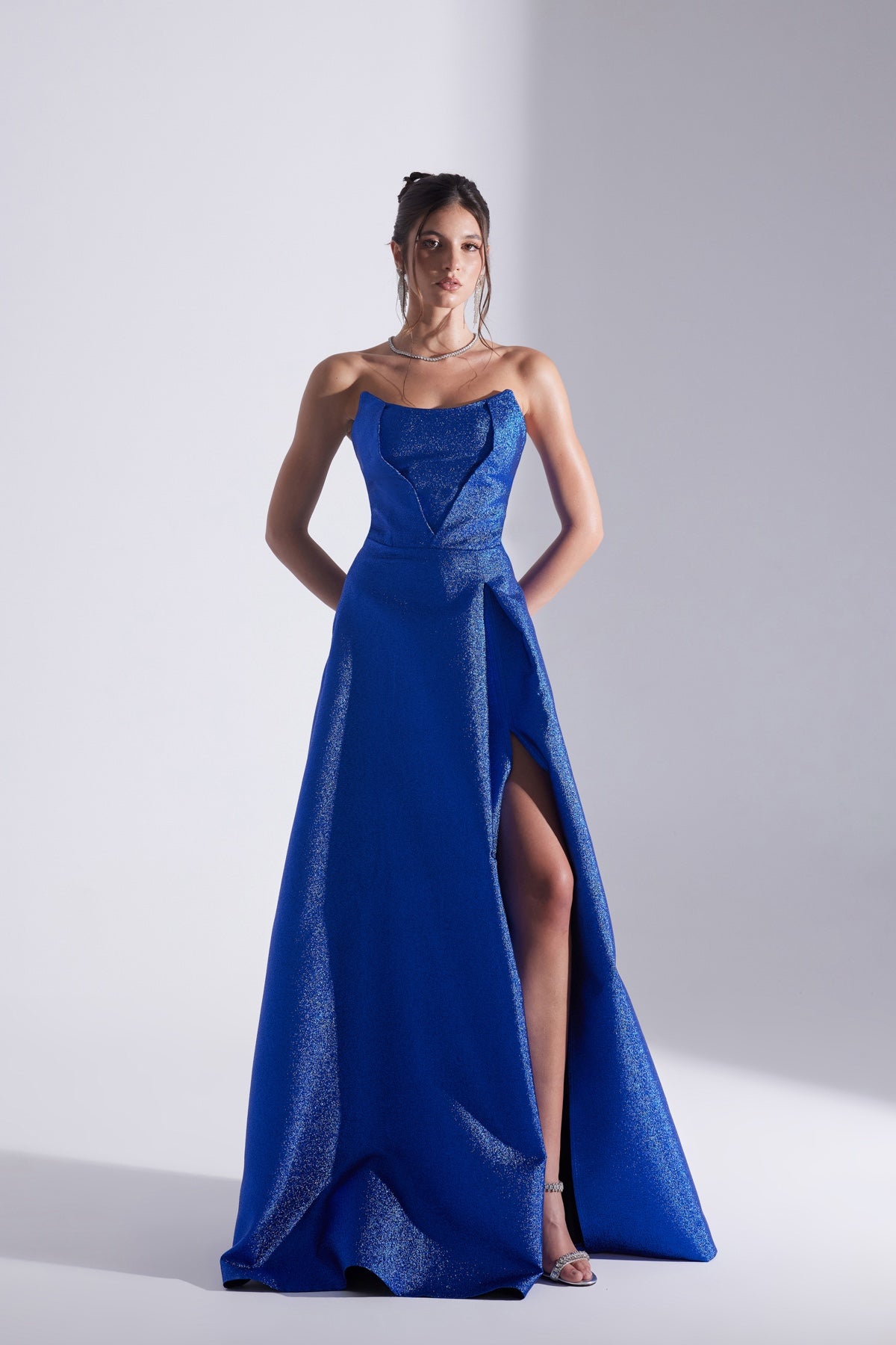 ALEX Saks Blue Split Strapless Evening Dress