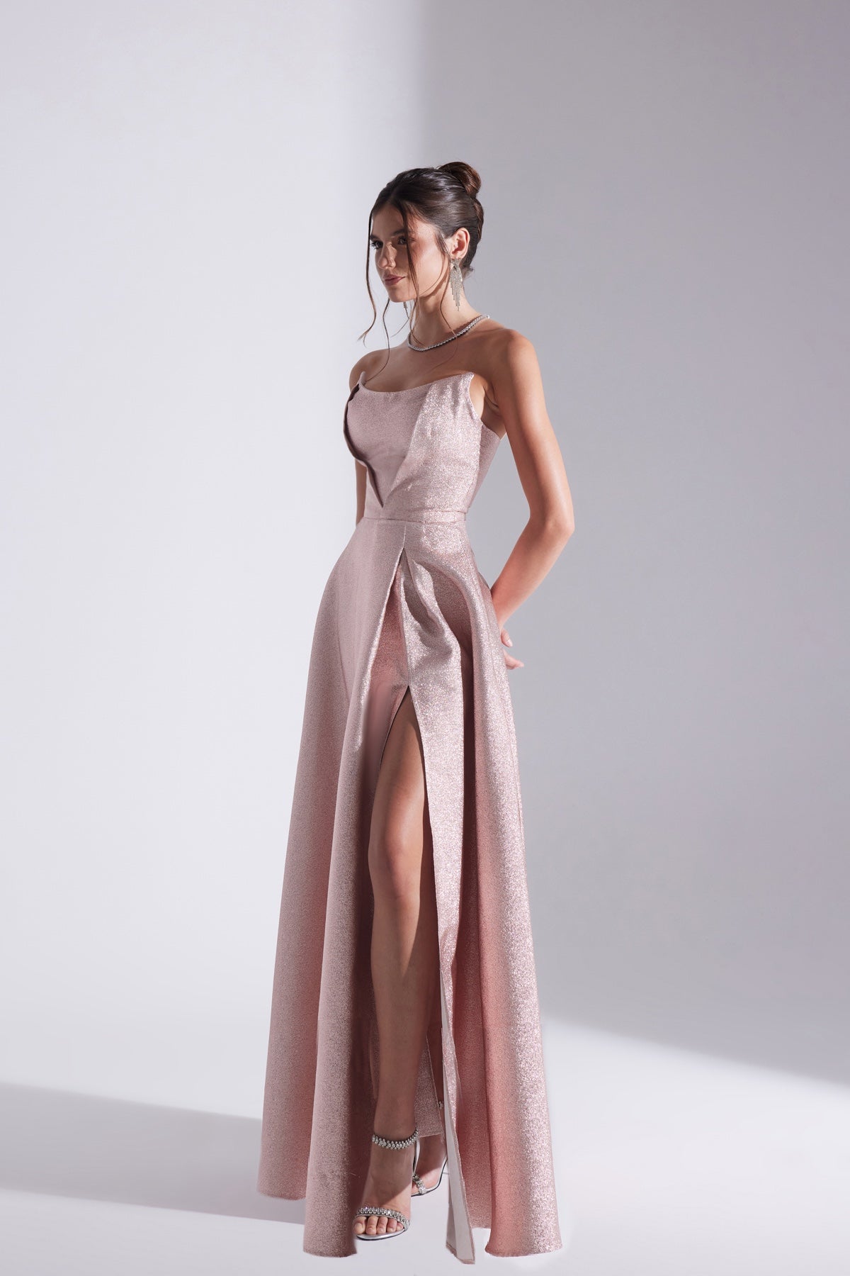 ALEX Powder Jacquard Slit Strapless Evening Dress