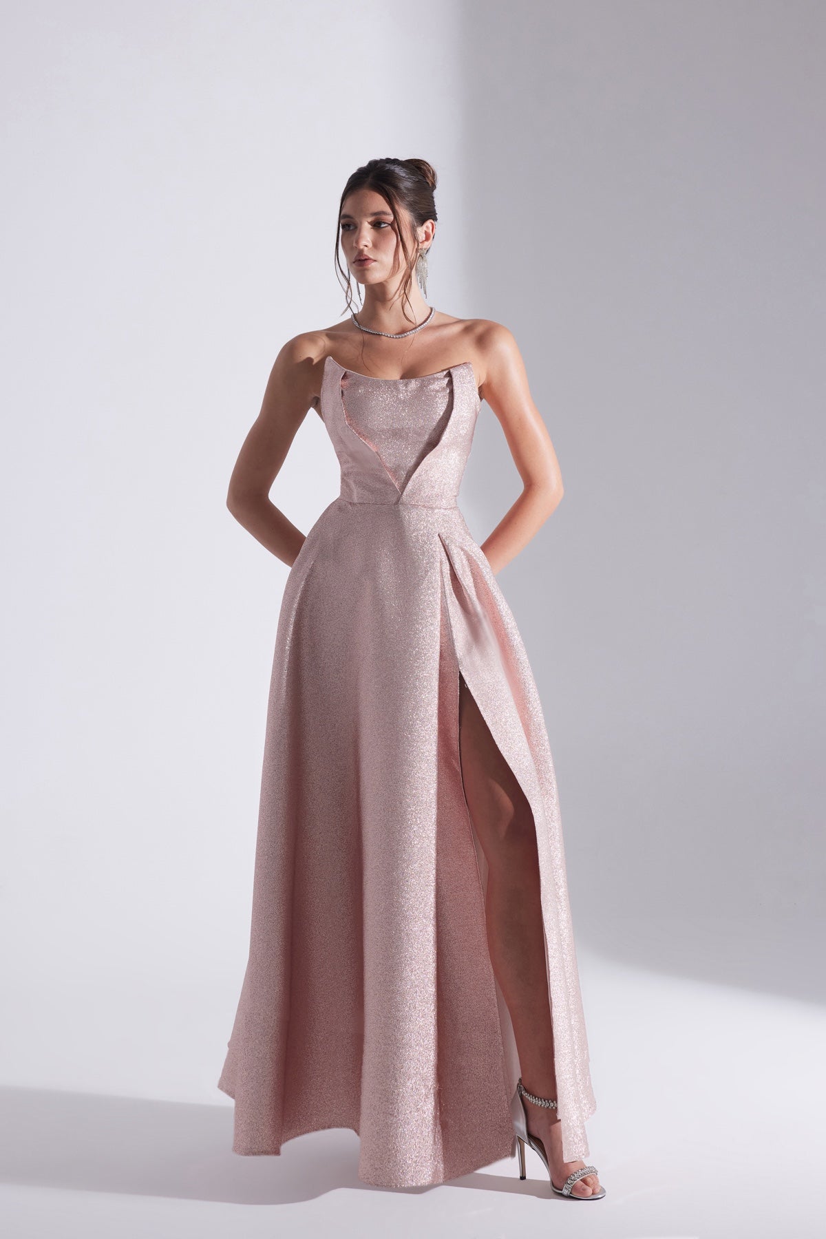 ALEX Powder Jacquard Slit Strapless Evening Dress