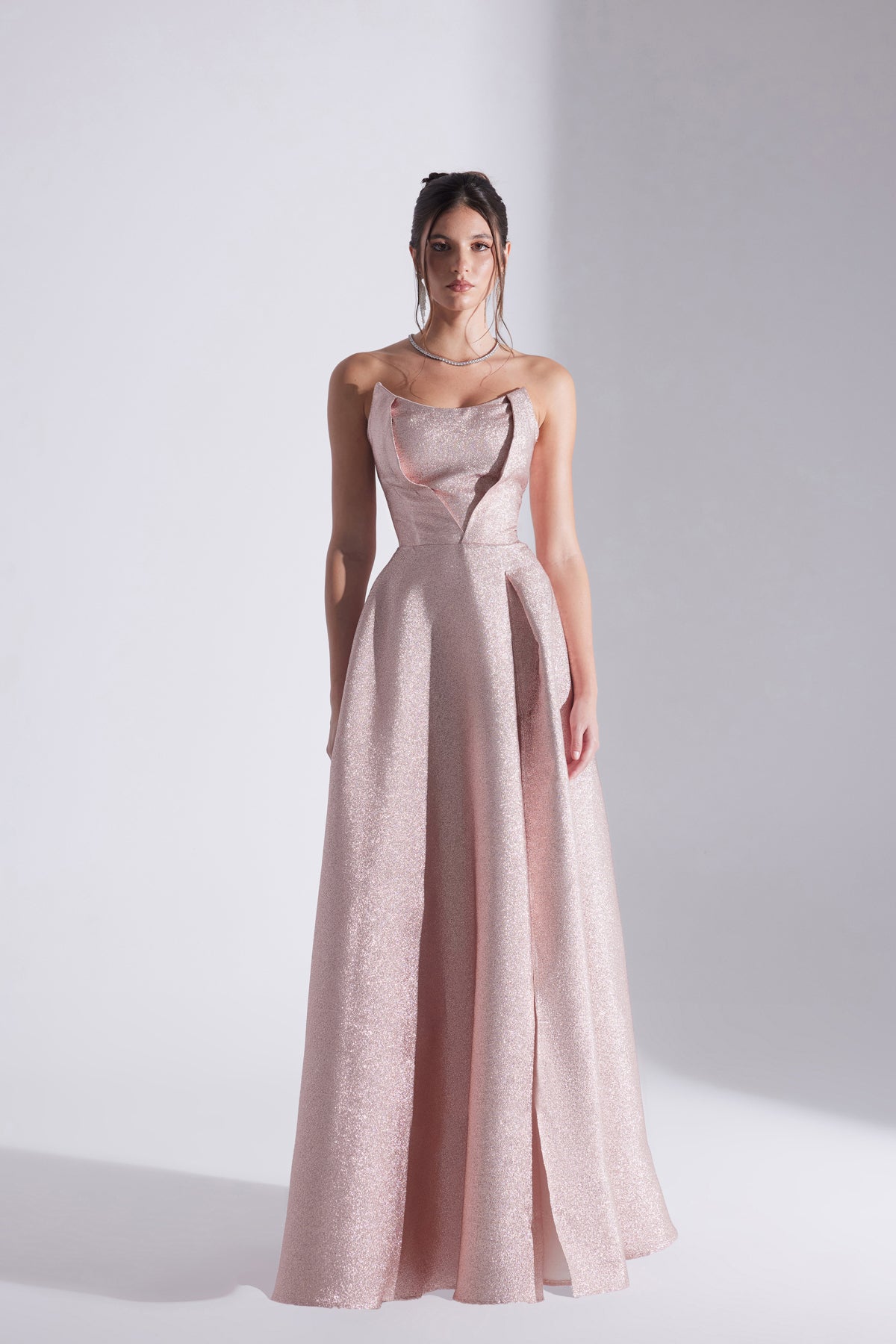 ALEX Powder Jacquard Slit Strapless Evening Dress
