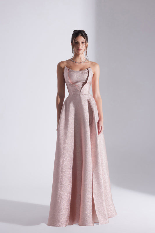 ALEX Powder Jacquard Slit Strapless Evening Dress