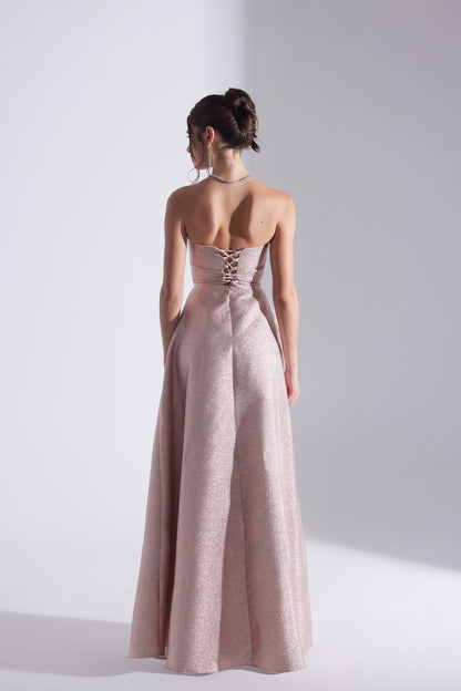 ALEX Powder Jacquard Slit Strapless Evening Dress