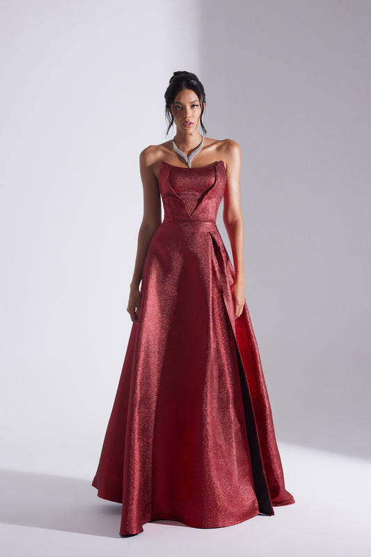 ALEX Red Jacquard Slit Strapless Evening Dress