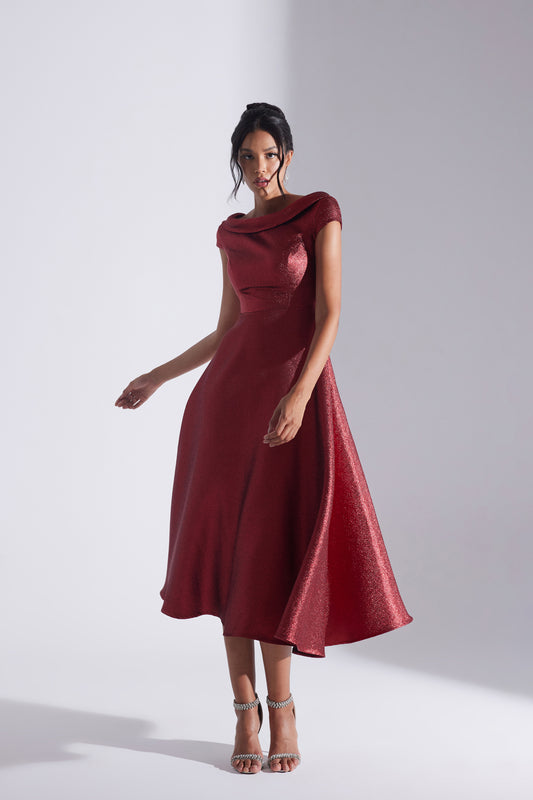 RACHEL Red Jacquard Flared Engagement Dress