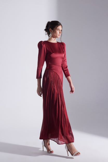 RIVA RED ASYMMETRICAL DETAILED CHIFFON SKIRT DRESS