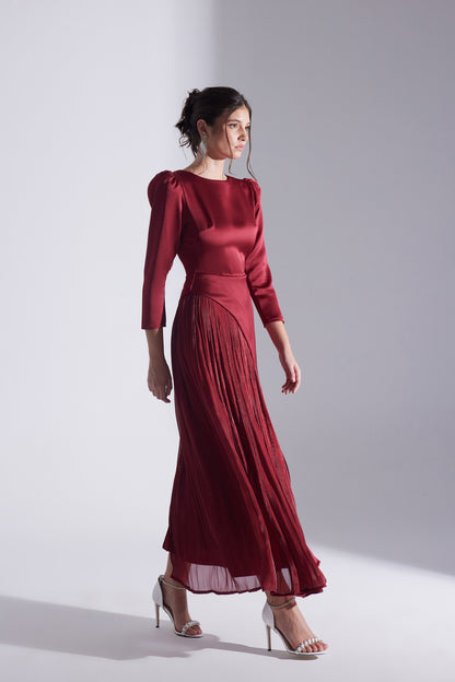 RIVA RED ASYMMETRICAL DETAILED CHIFFON SKIRT DRESS