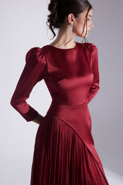 RIVA RED ASYMMETRICAL DETAILED CHIFFON SKIRT DRESS