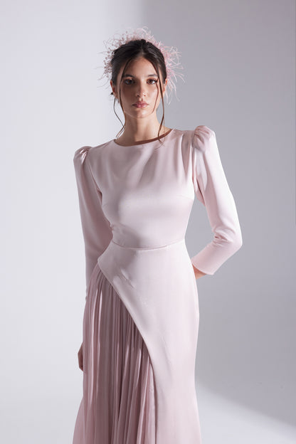 RIVA POWDER ASYMMETRICAL DETAILED CHIFFON SKIRT DRESS
