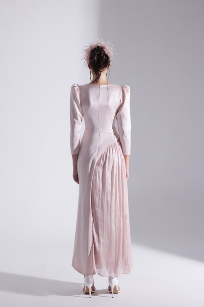 RIVA POWDER ASYMMETRICAL DETAILED CHIFFON SKIRT DRESS
