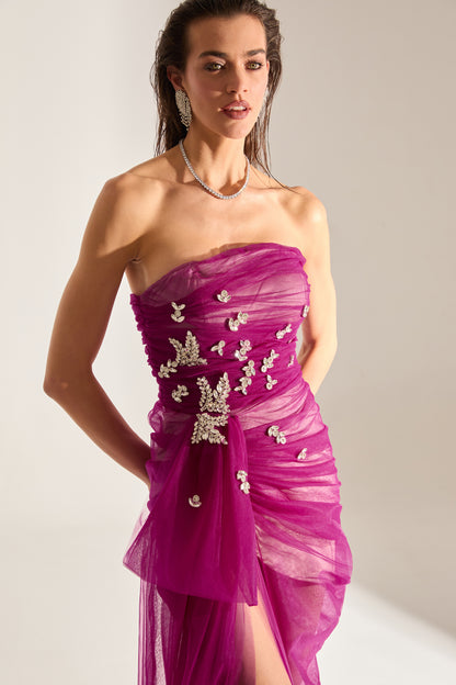 Olivia Taşverzierte Fuchsia Tüllkleid