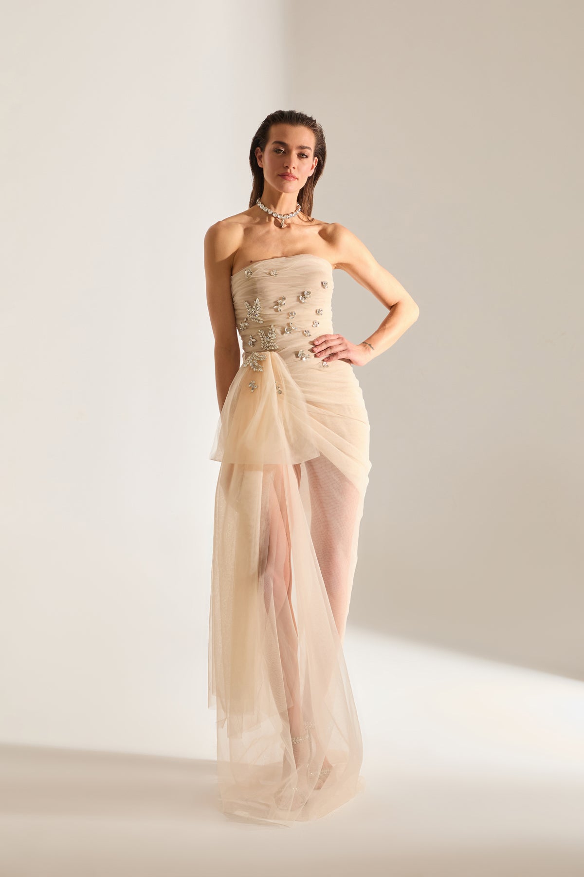 Olivia Stone Embellished Ecru Tulle Dress