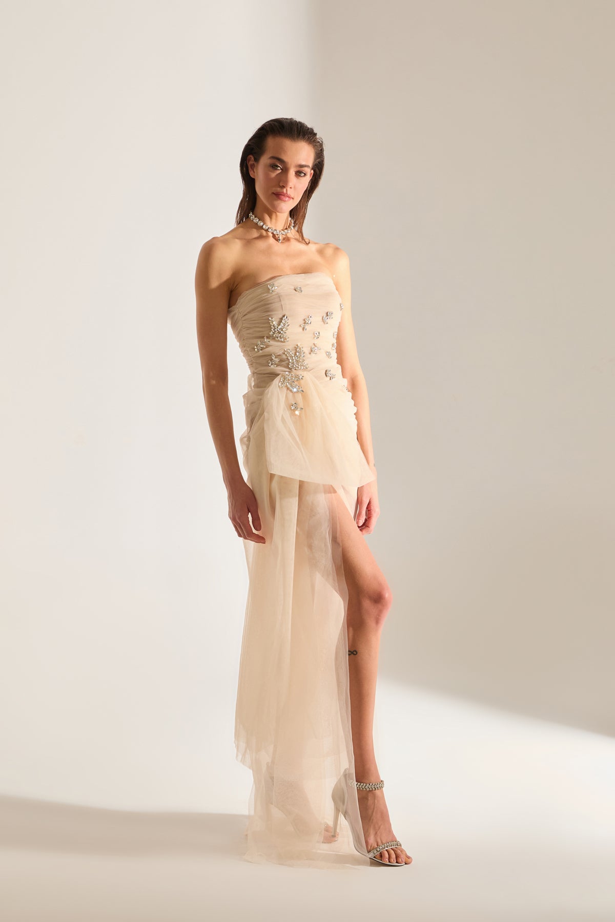 Olivia Stone Embellished Ecru Tulle Dress