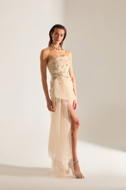 Olivia Stone Embellished Ecru Tulle Dress