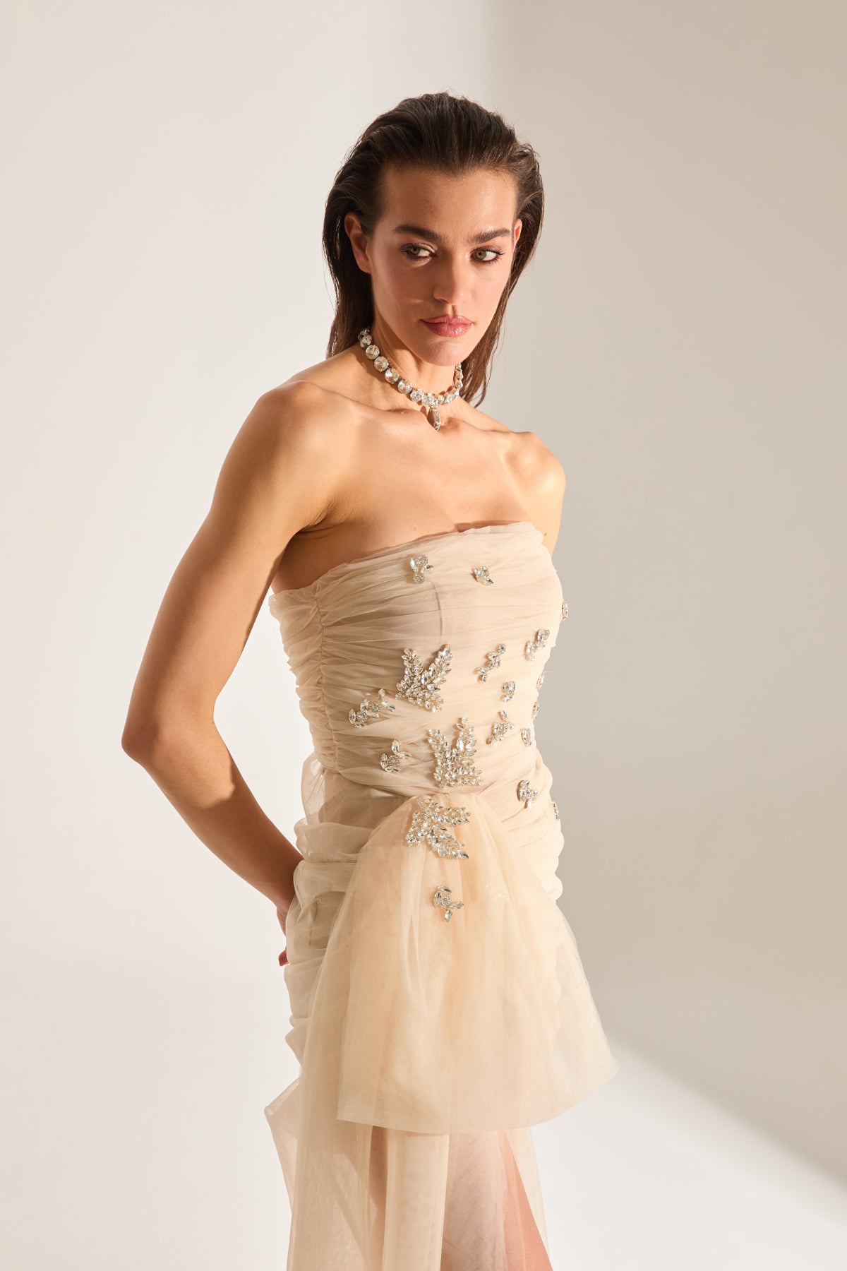 Olivia Stone Embellished Ecru Tulle Dress