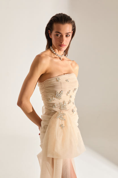 Olivia Stone Embellished Ecru Tulle Dress