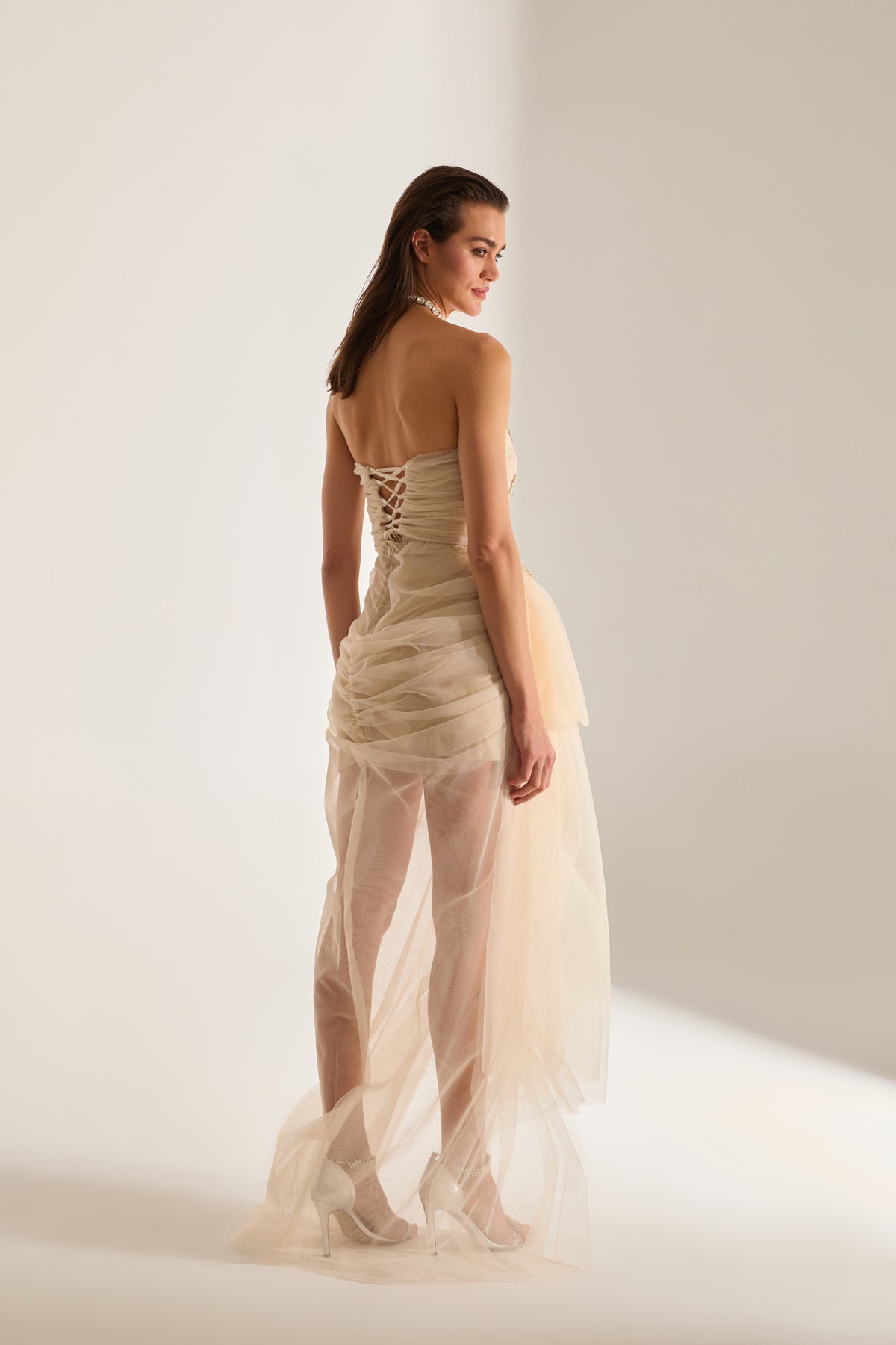 Olivia Stone Embellished Ecru Tulle Dress