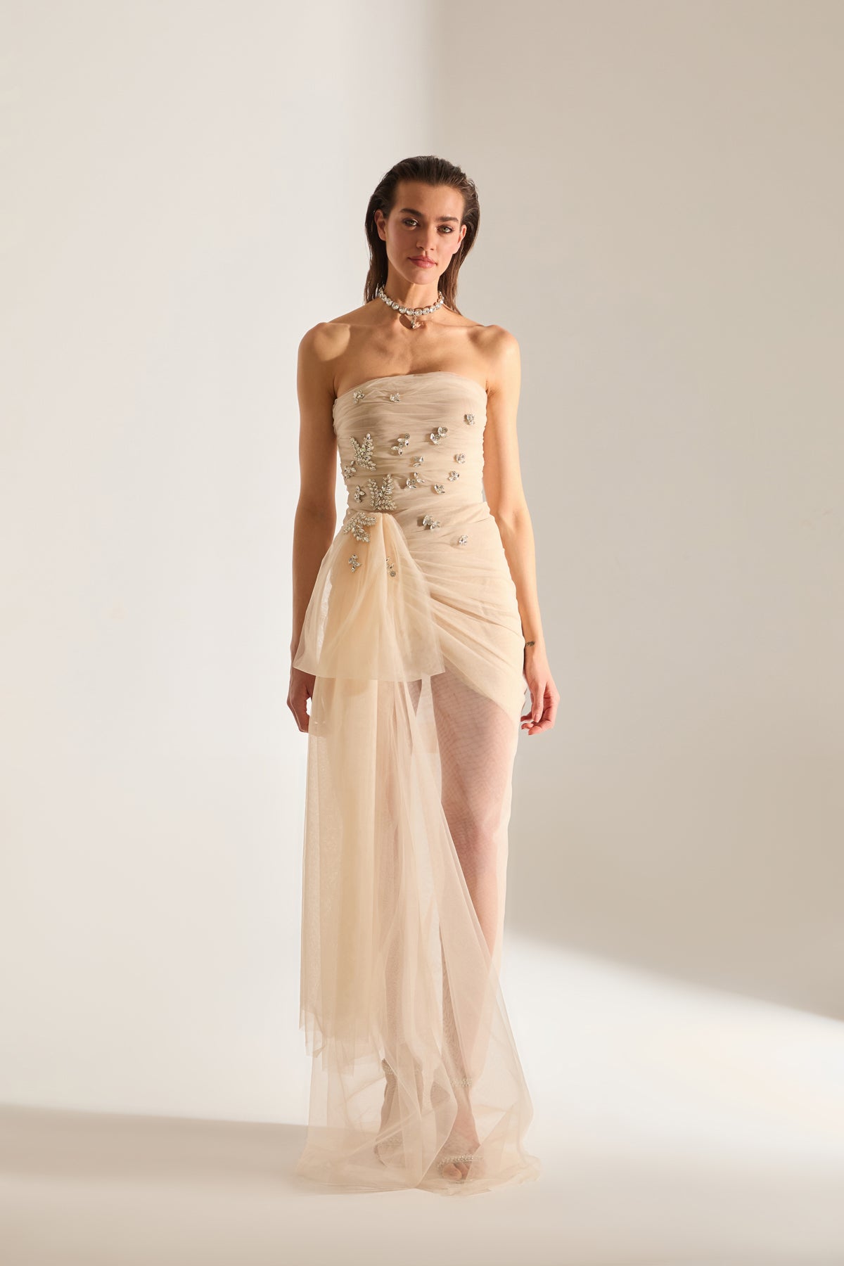Olivia Stone Embellished Ecru Tulle Dress