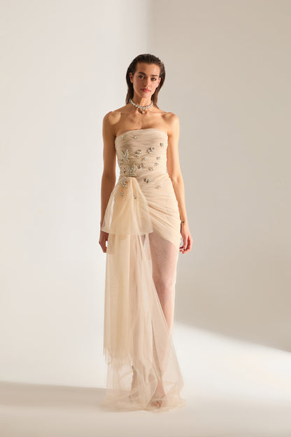 Olivia Stone Embellished Ecru Tulle Dress