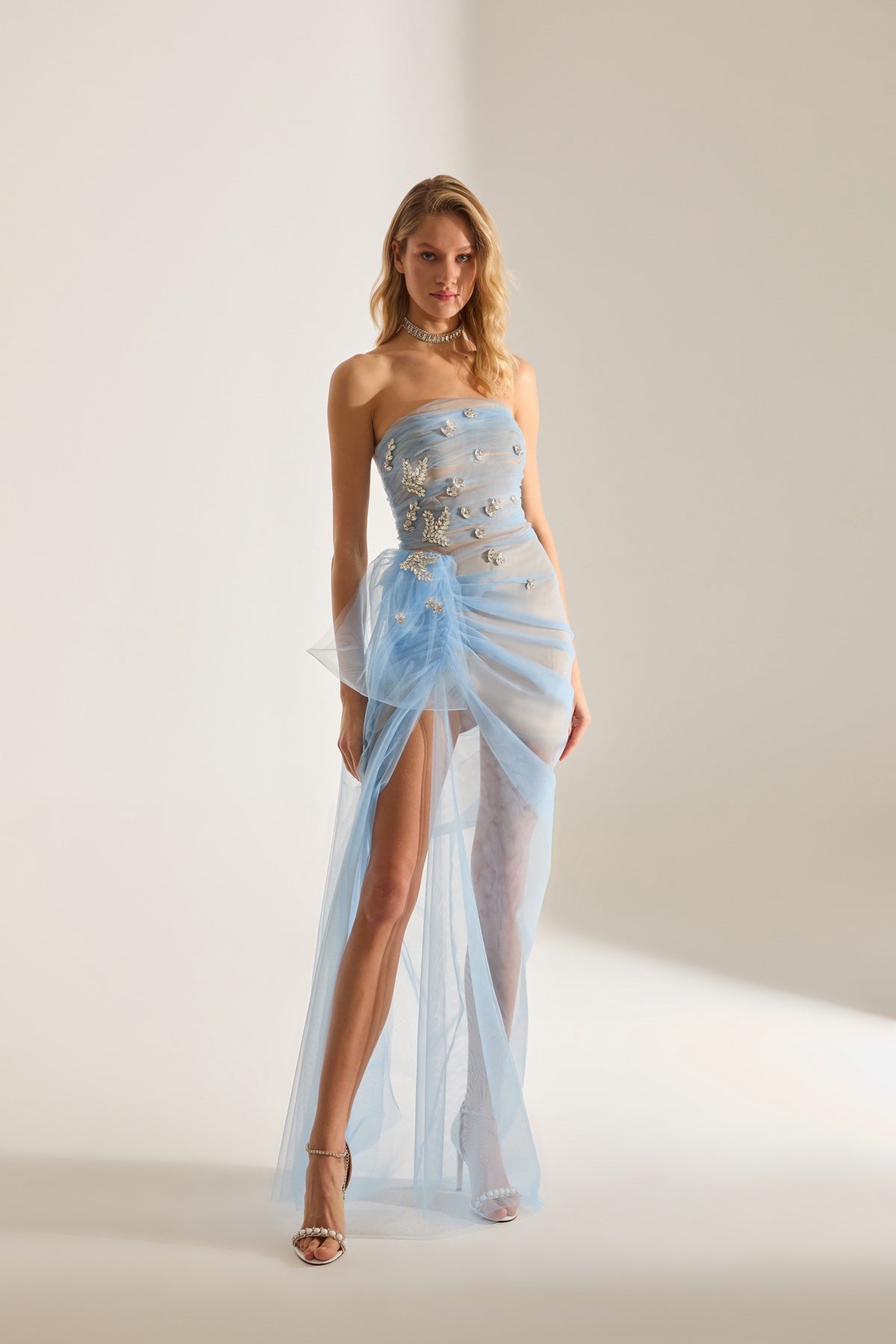 Olivia Stone Embellished Light Blue Tulle Dress