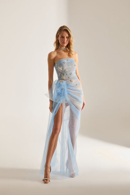 Olivia Stone Embellished Light Blue Tulle Dress