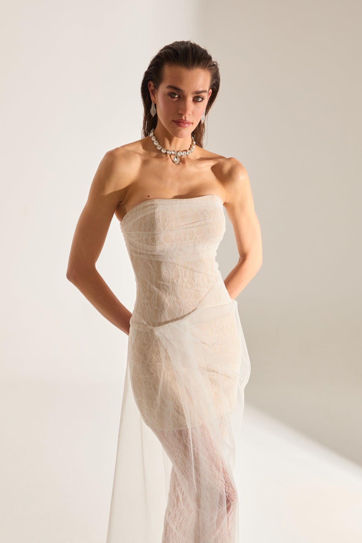 Venus Draped Tulle Lace White Dress