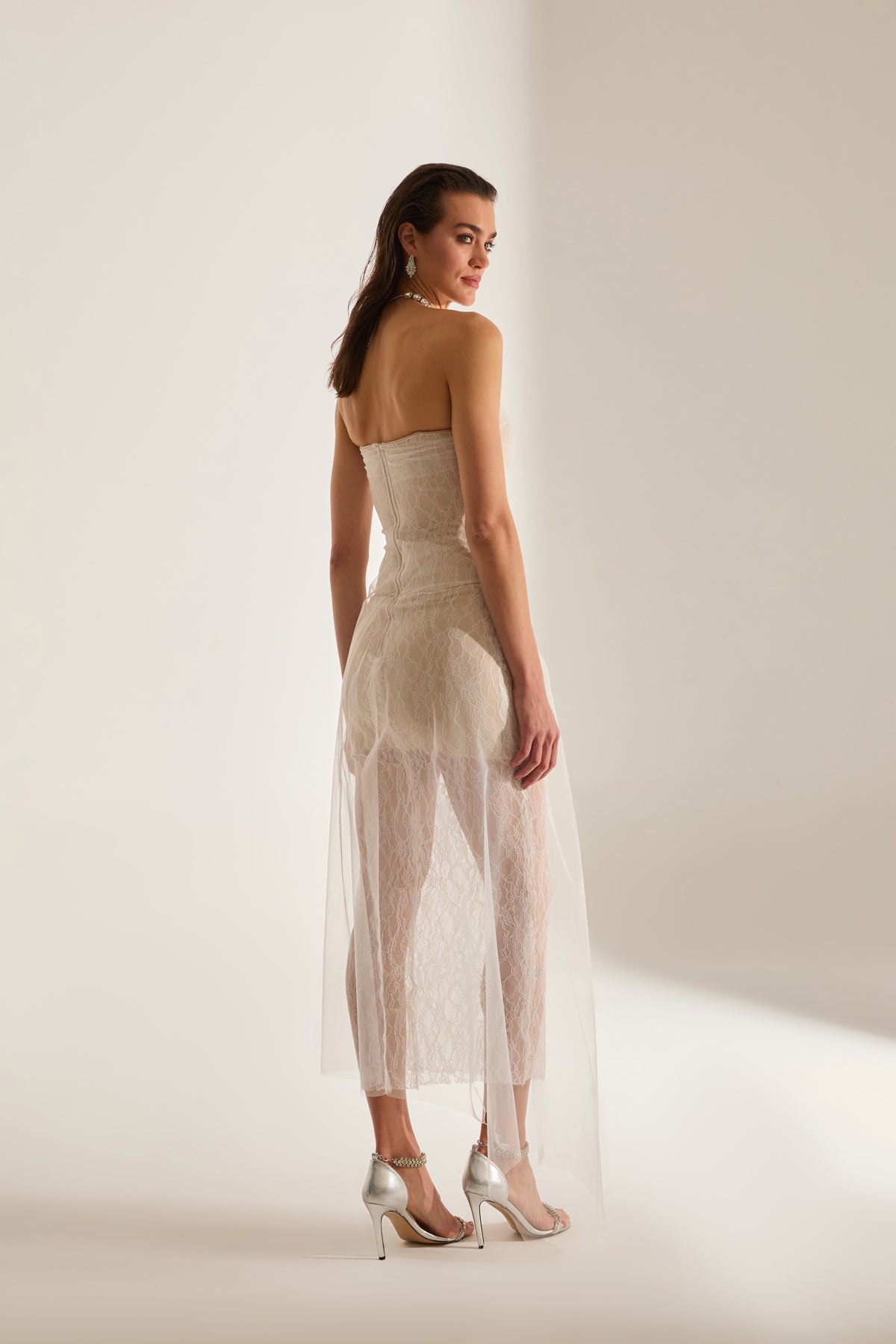 Venus Draped Tulle Lace White Dress