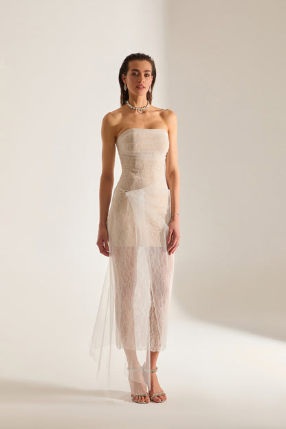 Venus Draped Tulle Lace White Dress