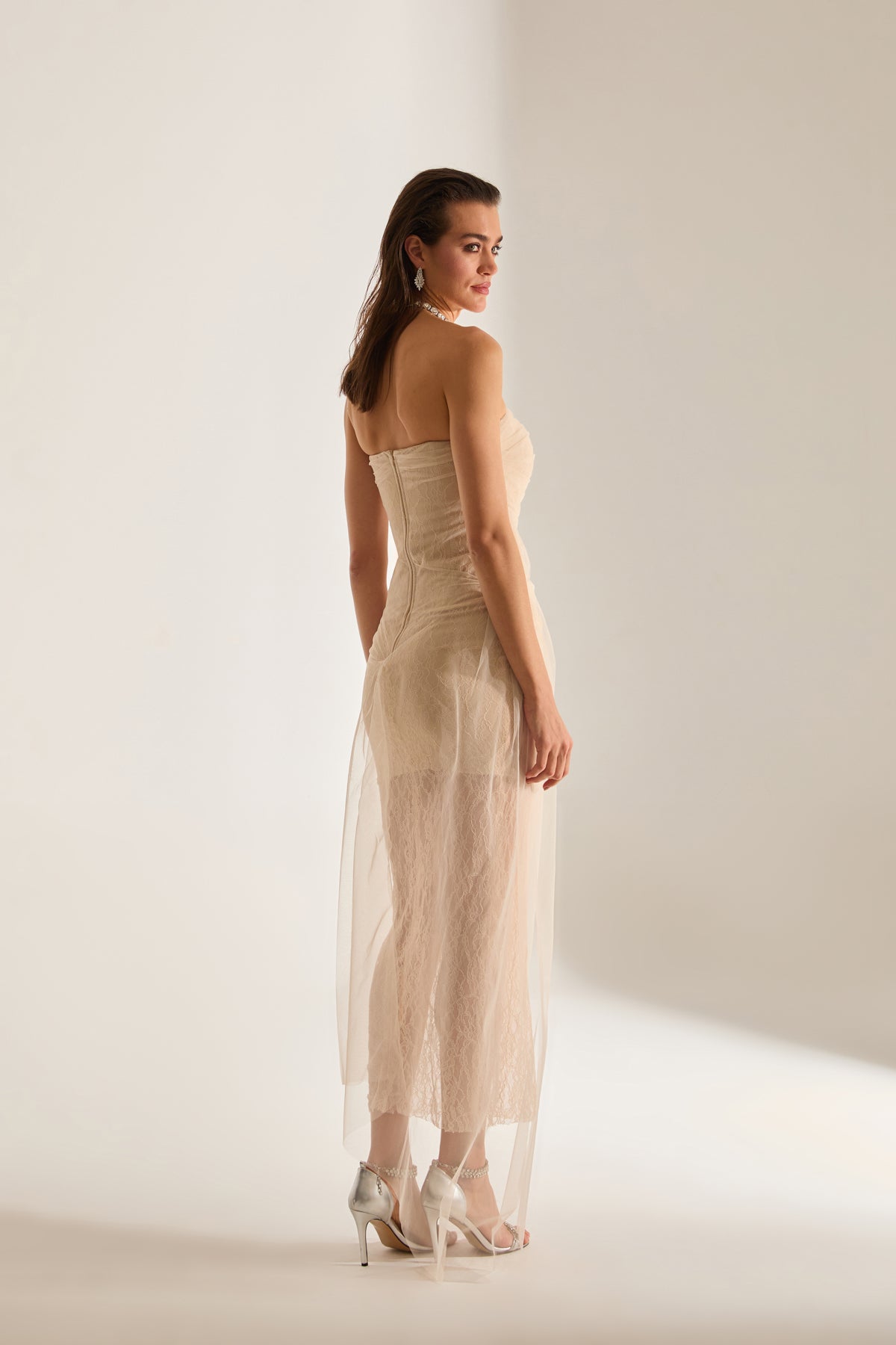 Venus Draped Tulle Lace Ecru Dress