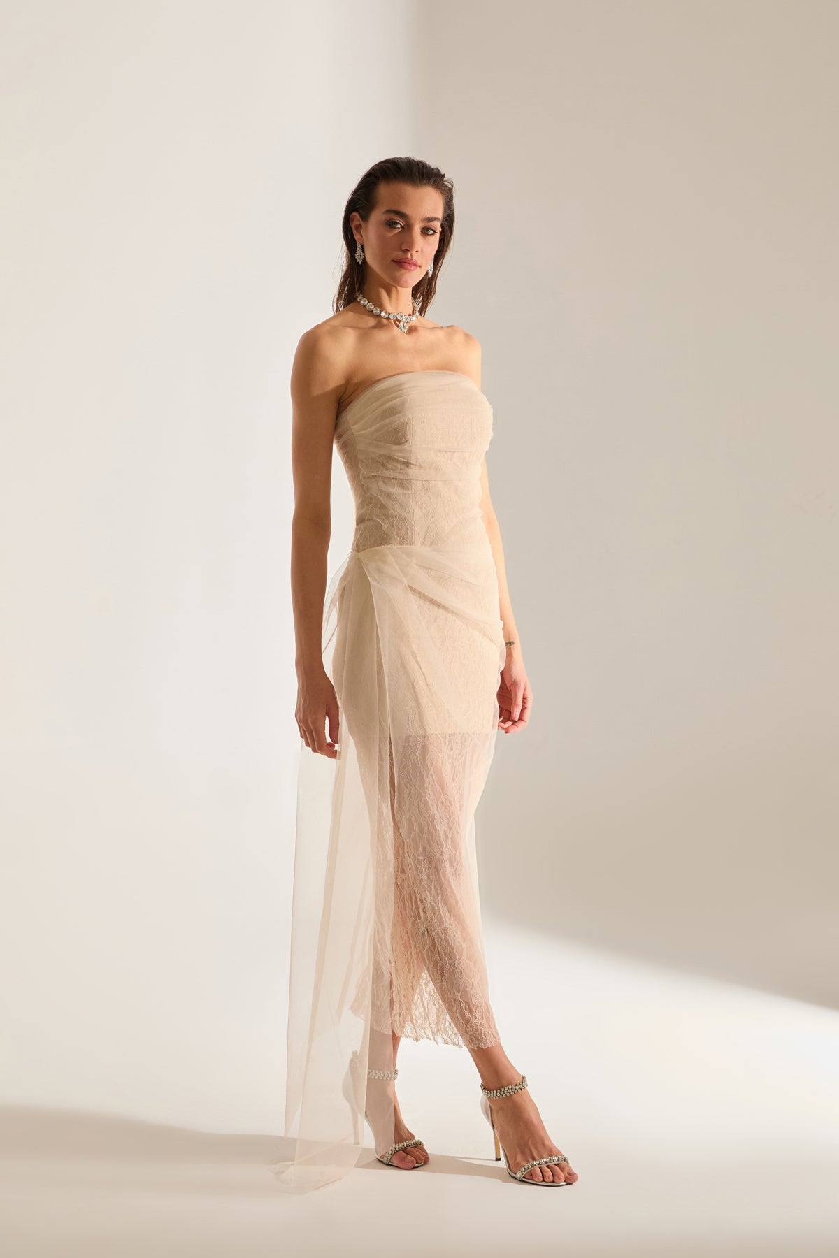 Venus Draped Tulle Lace Ecru Dress