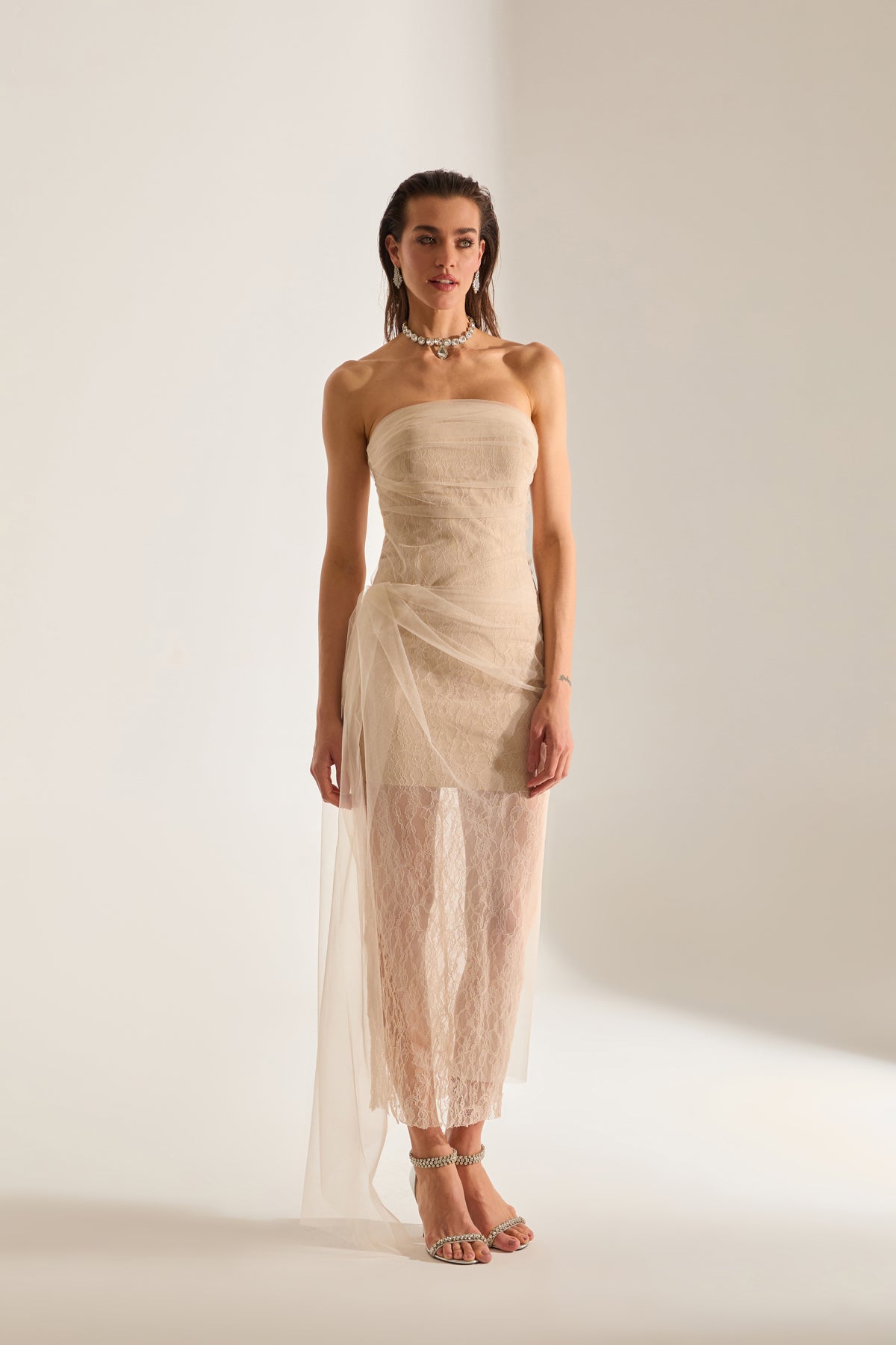 Venus Draped Tulle Lace Ecru Dress