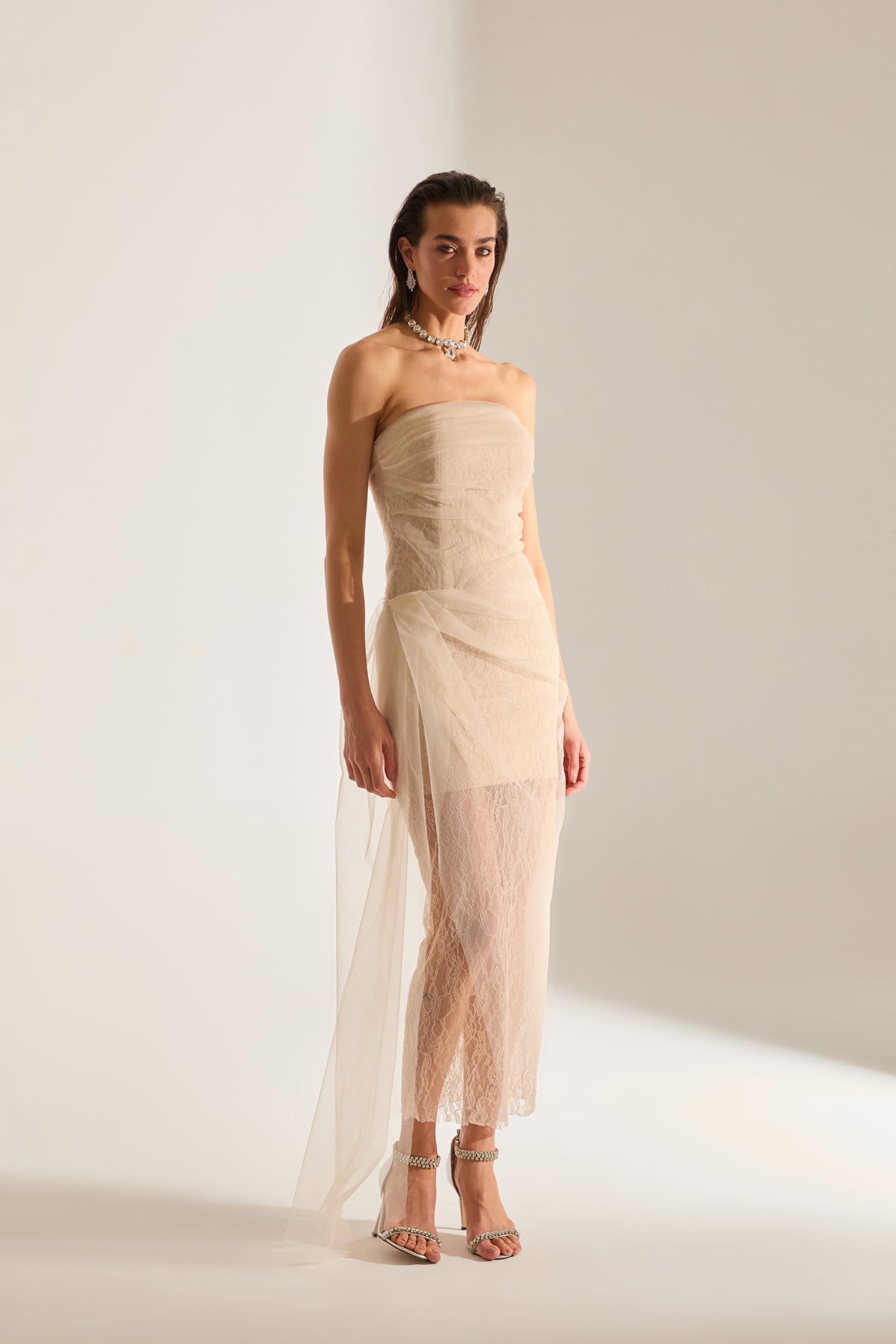 Venus Draped Tulle Lace Ecru Dress